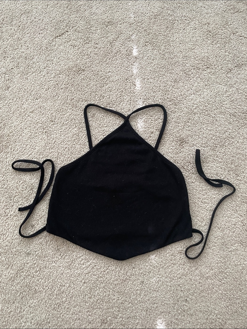 Love Tree Black Ribbed Halter Crop Top with Tie Straps
